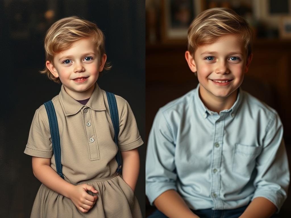 Before and after concept for 17th birthday showing childhood photo recreation Before and after concept for 17th birthday showing childhood photo recreation