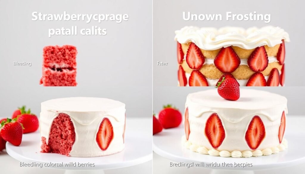 Before and after images showing common strawberry cake design problems and solutions