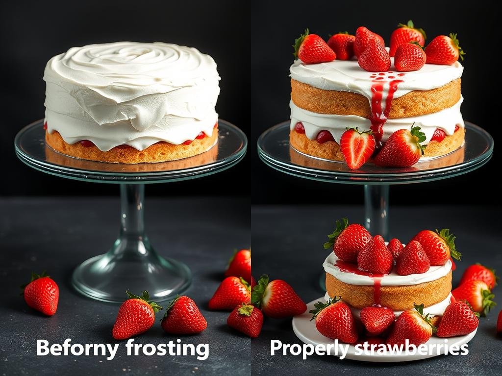 Before and after images showing troubleshooting of common strawberry cake decorating issues
