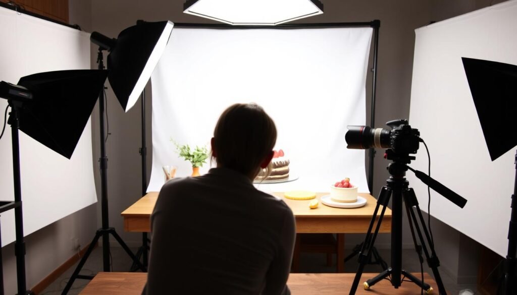 Behind-the-scenes of food photography setup for strawberry cake with props and lighting