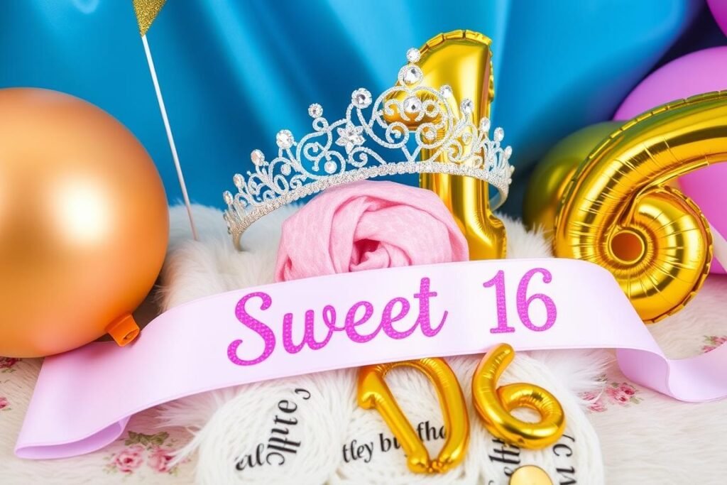 Birthday accessories including tiara, sash, and number balloons for 16th birthday photoshoot