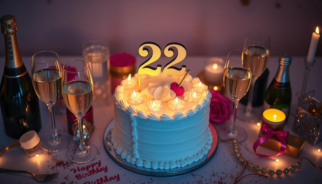 Birthday cake and party accessories for 22nd celebration