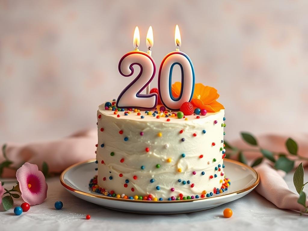 Birthday cake with the number 20 candle and colorful decorations