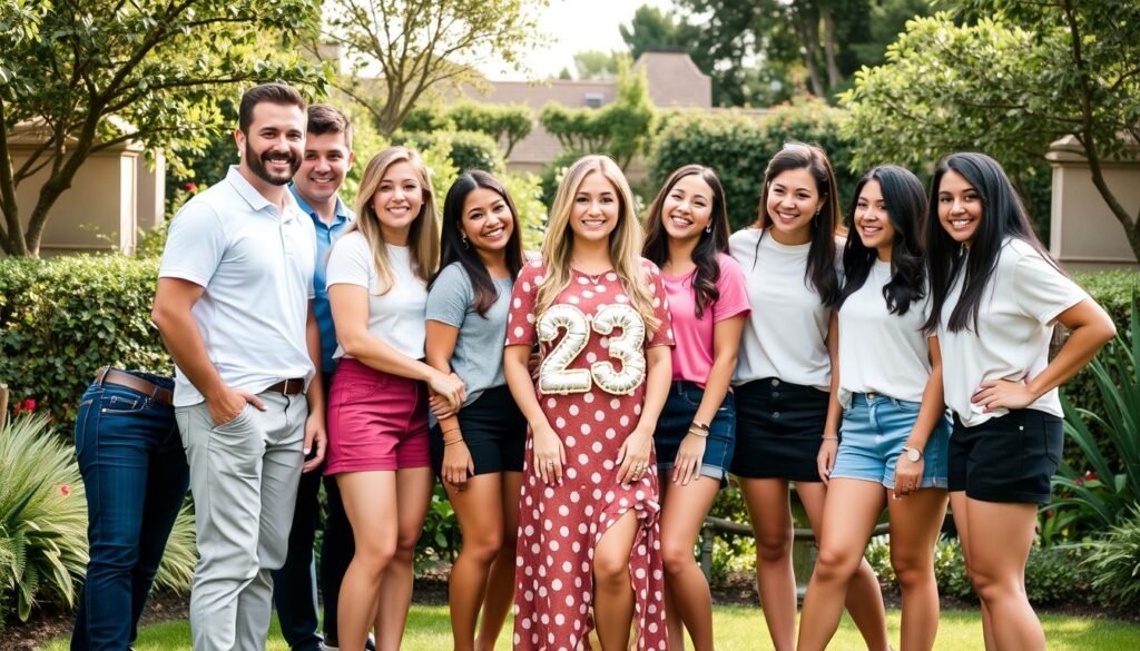 Birthday girl with friends in coordinated outfits for 23 birthday photoshoot