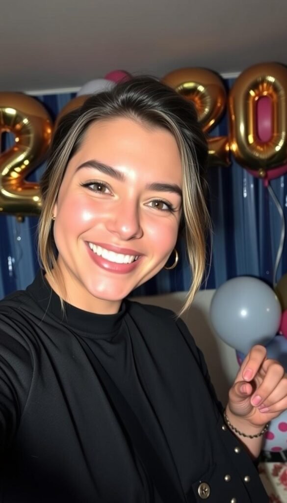 Birthday selfie of someone celebrating their 20th birthday with a festive background