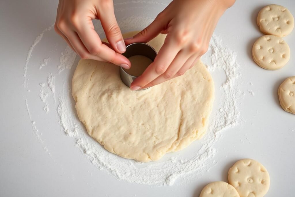 Biscuit dough being cut into rounds with a biscuit cutter on a floured surface