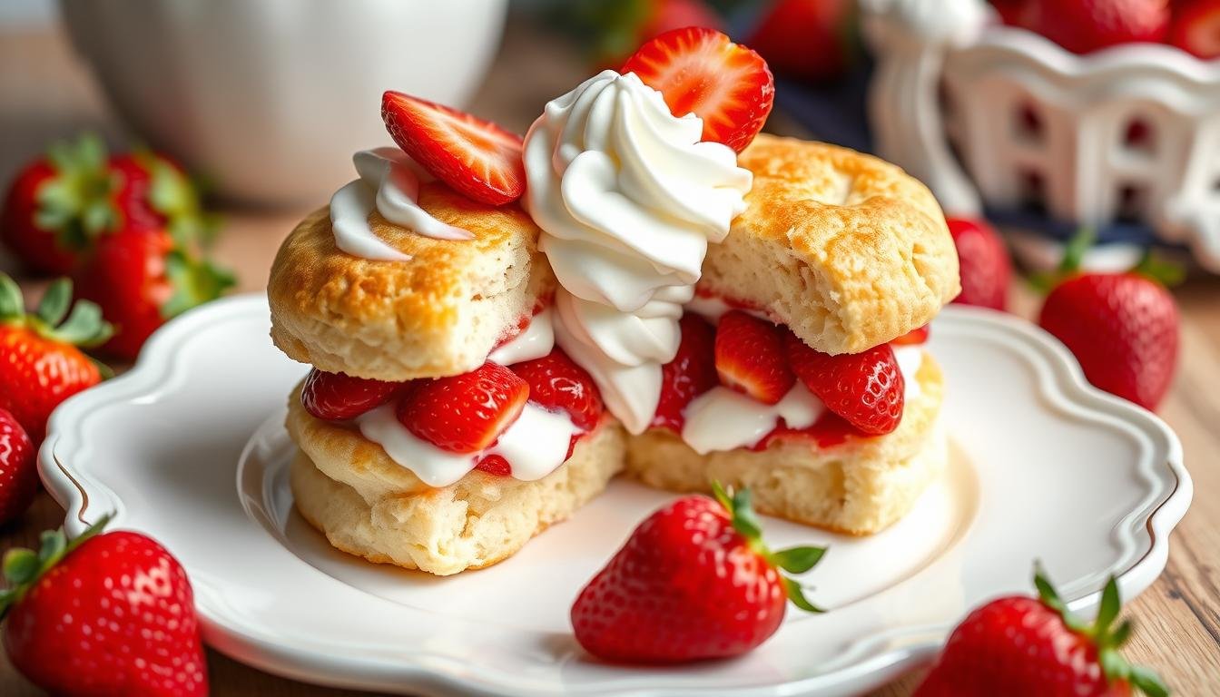 Bisquick strawberry shortcake with fresh strawberries and whipped cream on a decorative plate