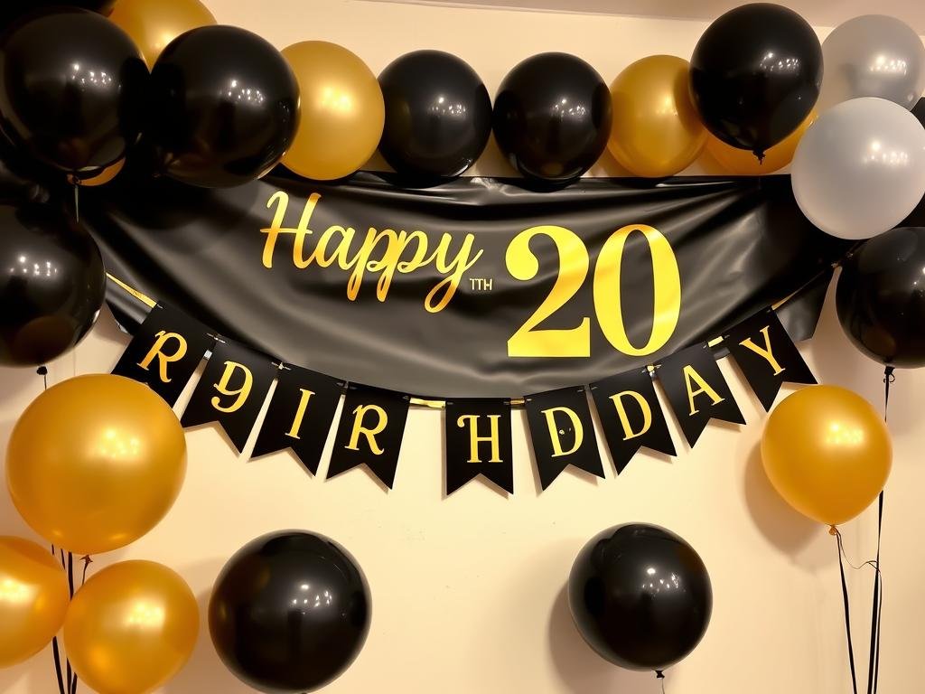 Black and gold themed 20th birthday banner with modern design Black and gold themed 20th birthday banner with modern design