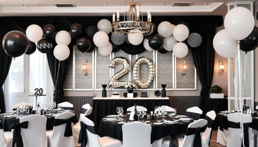 Black and white themed 20th birthday with elegant monochrome decorations