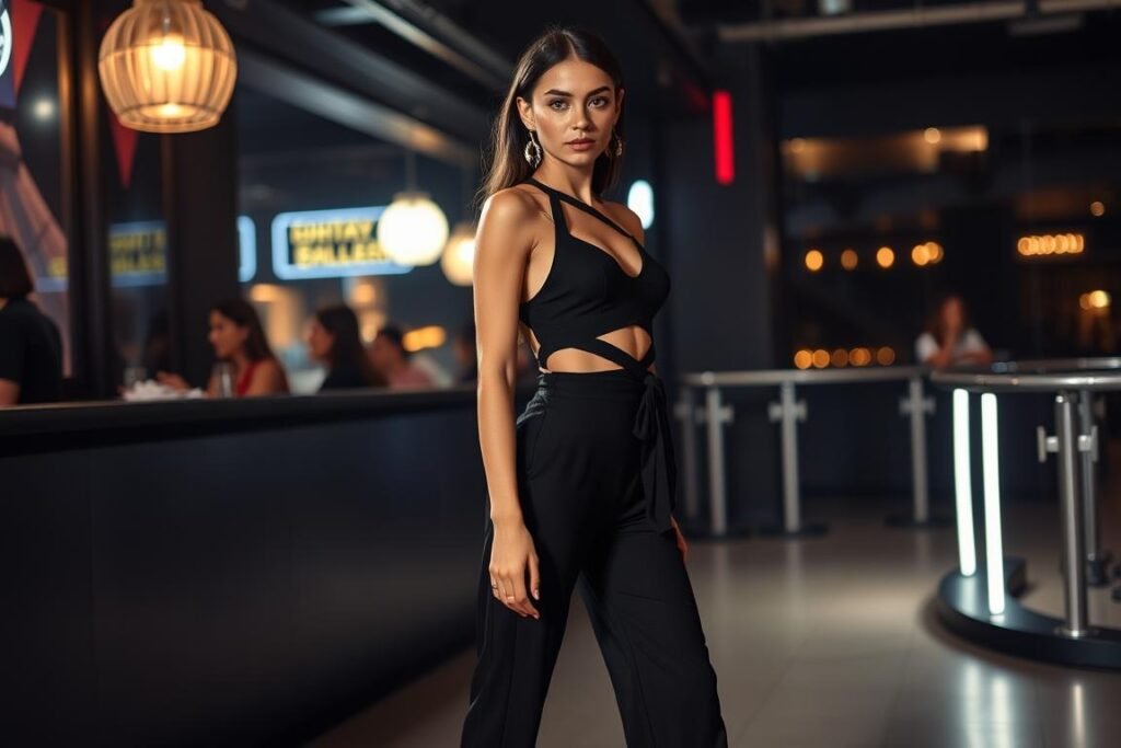 Black jumpsuit with cutout details styled for a 21st birthday club night Black jumpsuit with cutout details styled for a 21st birthday club night