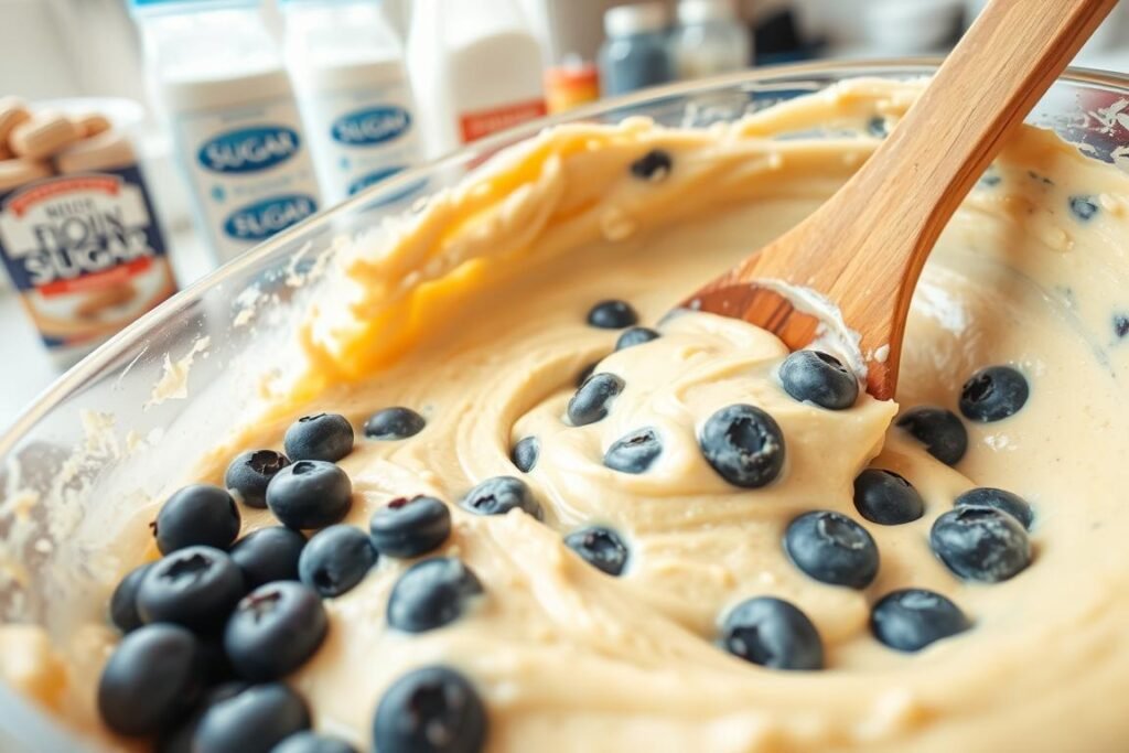 Blueberry muffin batter being prepared in a mixing bowl Blueberry muffin batter being prepared in a mixing bowl