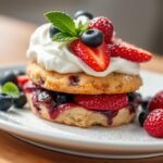 Blueberry muffin strawberry shortcake with fresh berries and whipped cream on a decorative plate