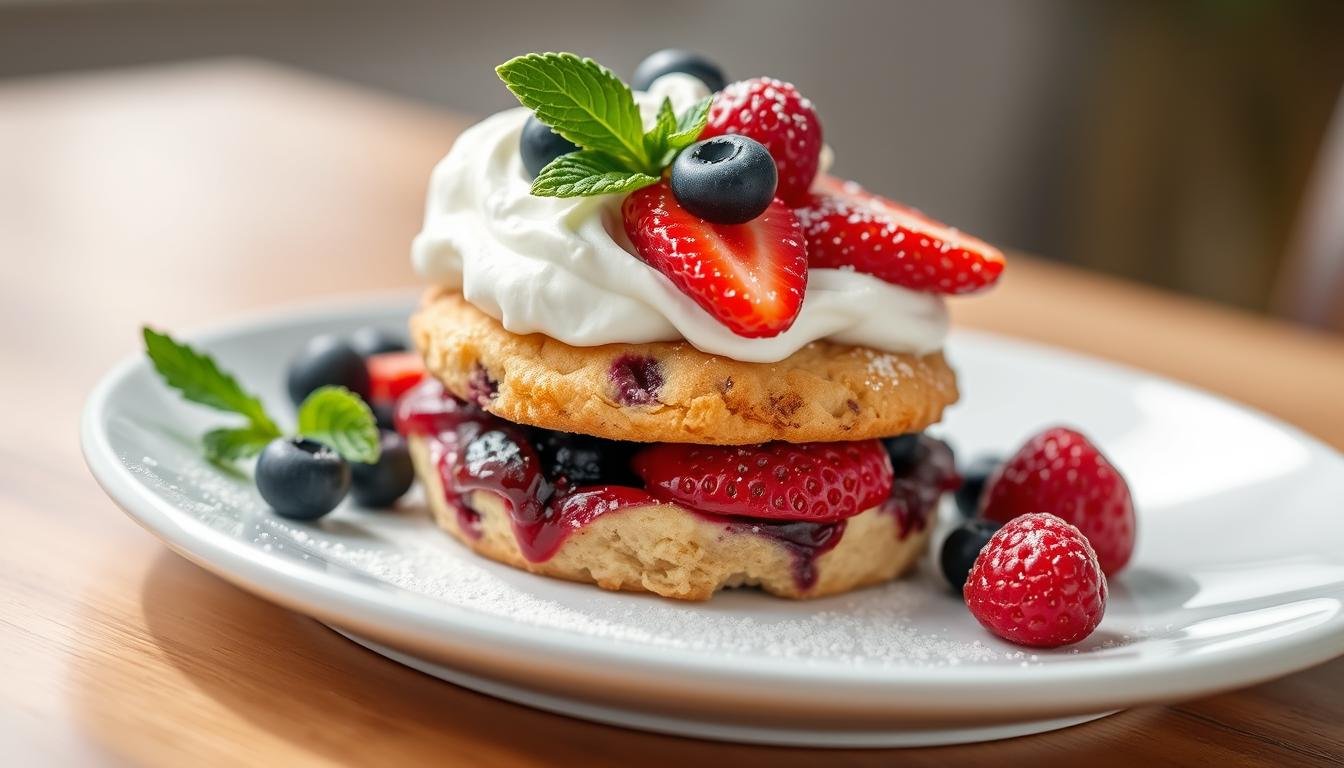 Blueberry muffin strawberry shortcake with fresh berries and whipped cream on a decorative plate