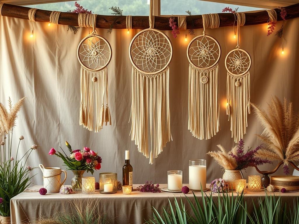 Bohemian sweet 16 decorations with dreamcatchers, macramé, and floral elements Bohemian sweet 16 decorations with dreamcatchers, macramé, and floral elements