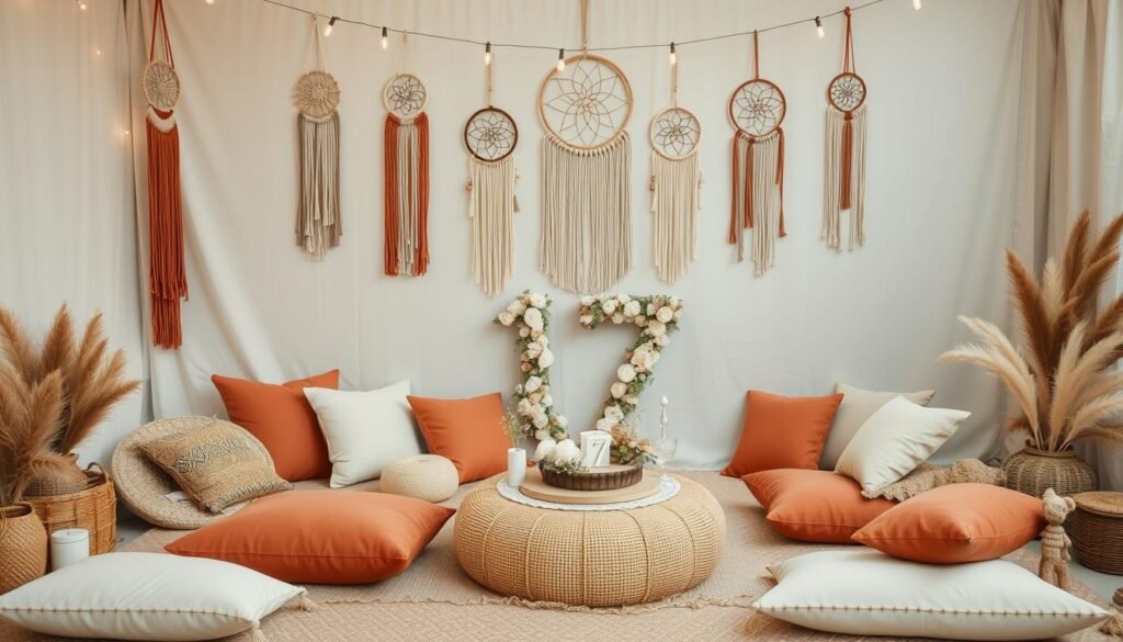 Boho chic 17th birthday theme with dreamcatchers, macramé decorations, and earthy color palette Boho chic 17th birthday theme with dreamcatchers, macramé decorations, and earthy color palette