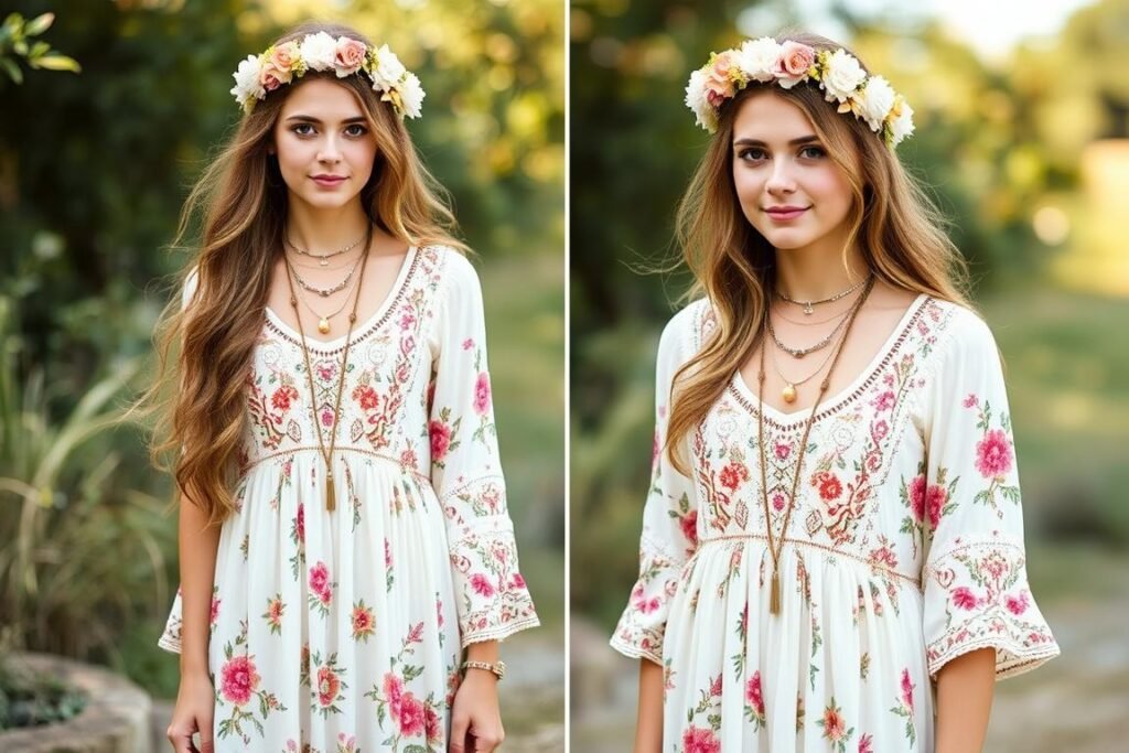 Boho chic outfit for 16th birthday with flowing fabrics and natural elements