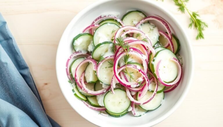 Bowl of creamy cucumber salad with thin slices of cucumber and red onion in a creamy dill dressing