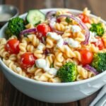 Bowl of creamy ranch pasta salad with colorful vegetables and rotini pasta