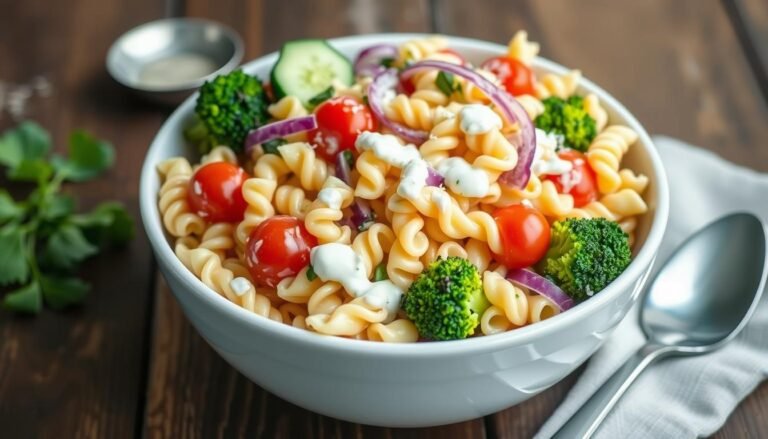 Bowl of creamy ranch pasta salad with colorful vegetables and rotini pasta