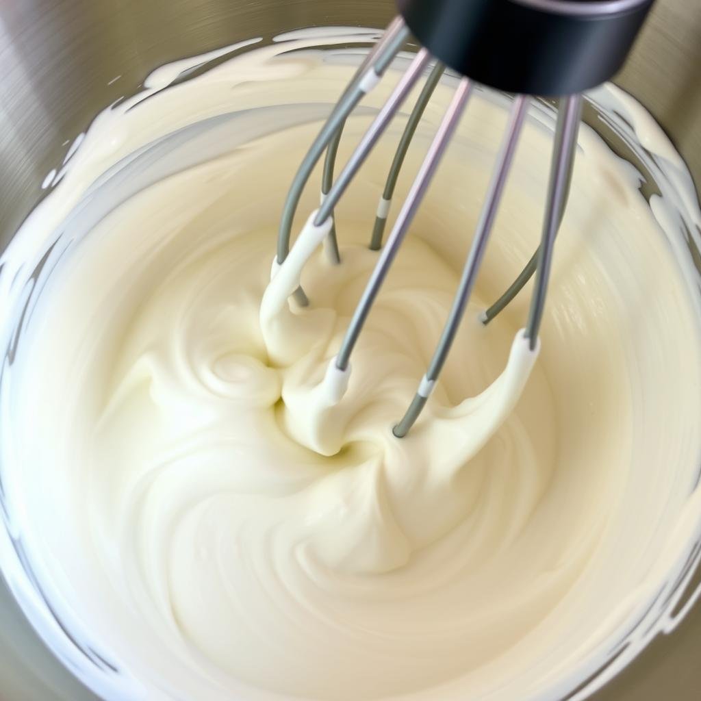 Bowl of freshly whipped cream being prepared for the centerpiece
