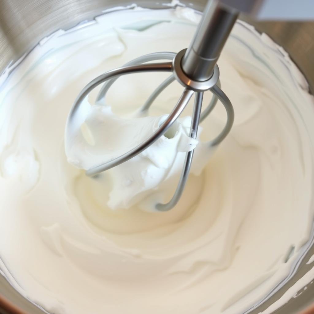 Bowl of freshly whipped cream with beaters showing stiff peaks Bowl of freshly whipped cream with beaters showing stiff peaks