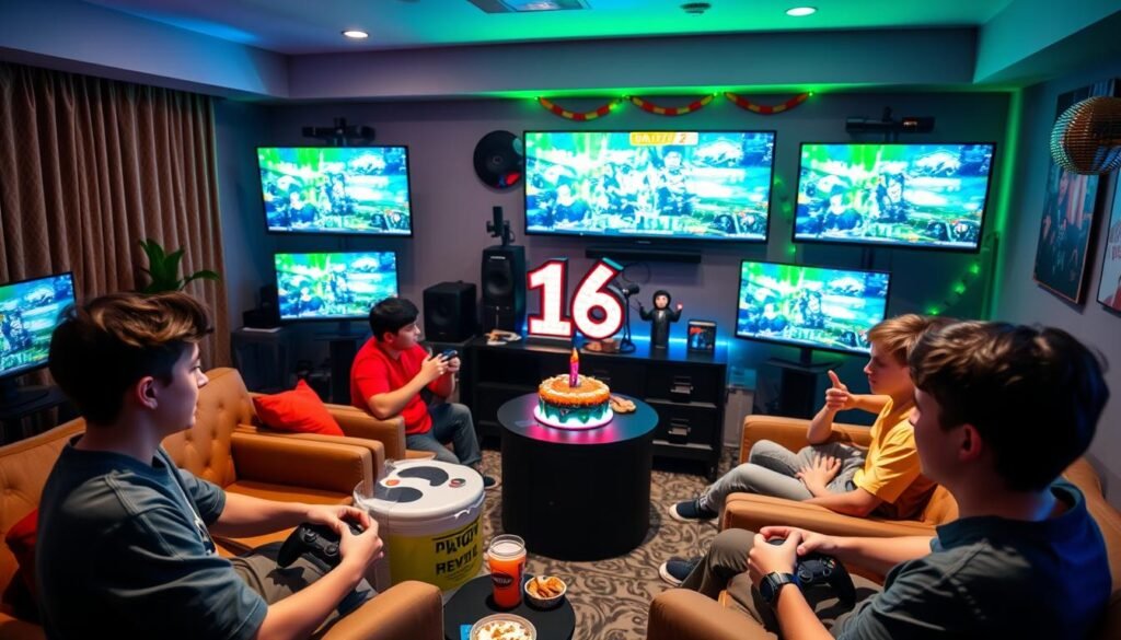 Boys 16th birthday party with gaming setup featuring multiple screens, controllers, and gaming-themed decorations