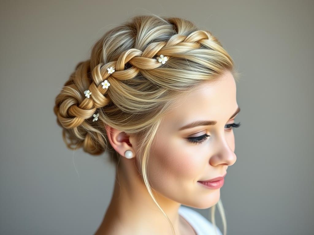 Braided crown updo sweet 16 hairstyle with small flowers