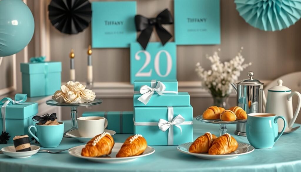Breakfast at Tiffany's themed 20th birthday with Tiffany blue decorations and elegant setup