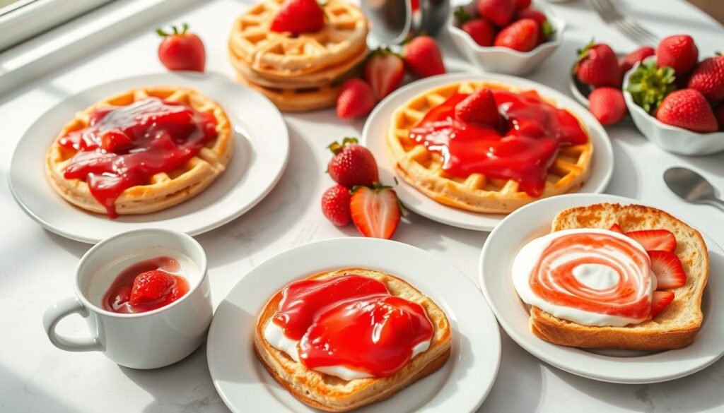 Breakfast spread featuring strawberry filling on pancakes, waffles and toast Breakfast spread featuring strawberry filling on pancakes, waffles and toast