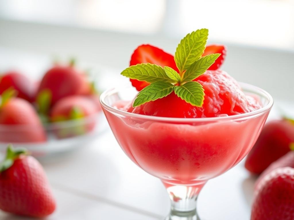 Bright red strawberry sorbet in a glass dish with mint garnish