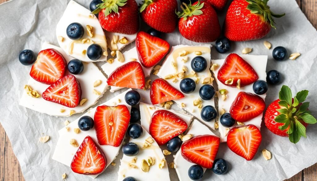 Broken pieces of white yogurt bark studded with fresh strawberries and other toppings