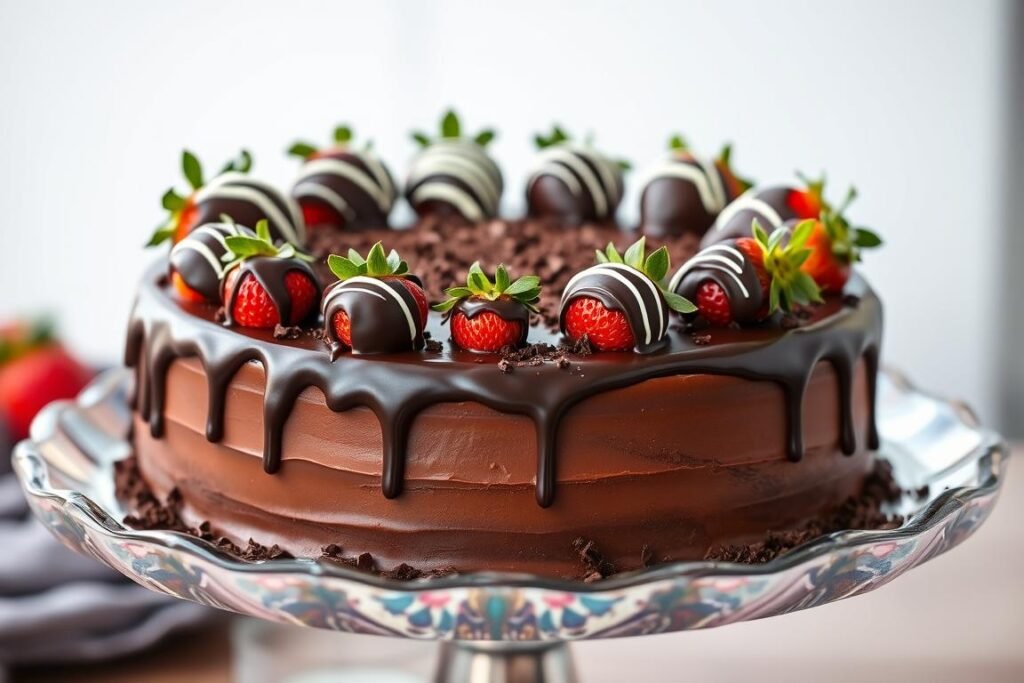 Cake decorated with chocolate-dipped strawberries and chocolate drizzle
