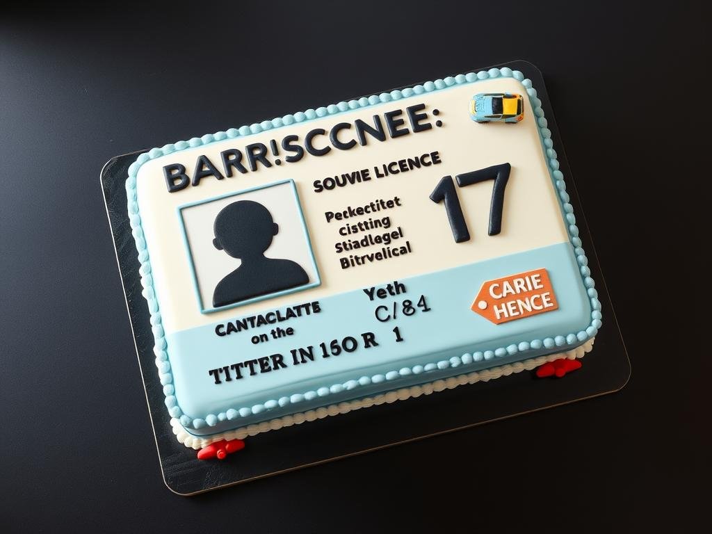 Cake designed like a driver's license or car with road elements and 17 decorations Cake designed like a driver's license or car with road elements and 17 decorations
