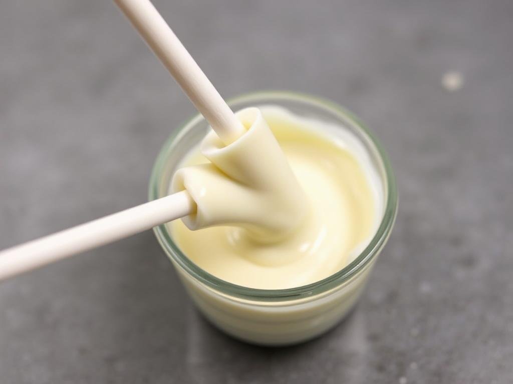 Cake pop sticks being dipped in melted white chocolate