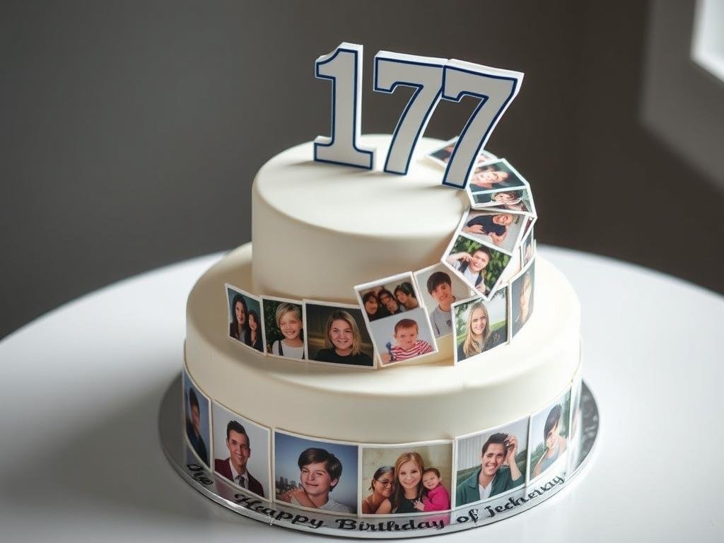 Cake with edible printed photos showing memories from ages 1-17 Cake with edible printed photos showing memories from ages 1-17