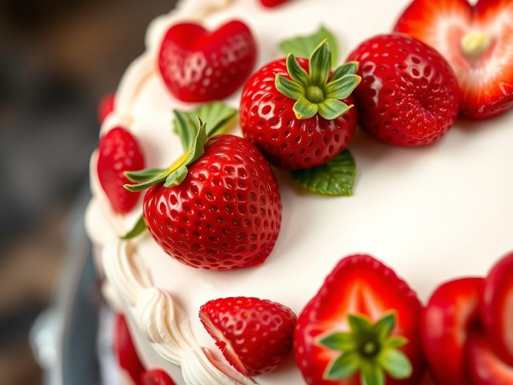 Cake with intricate strawberry art and detailed piping work