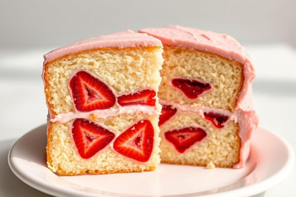 Cake with strawberry filling visible between layers and matching frosting
