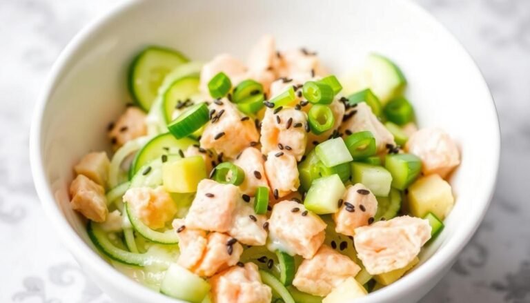 California Roll Cucumber Salad in a white bowl garnished with sesame seeds and green onions