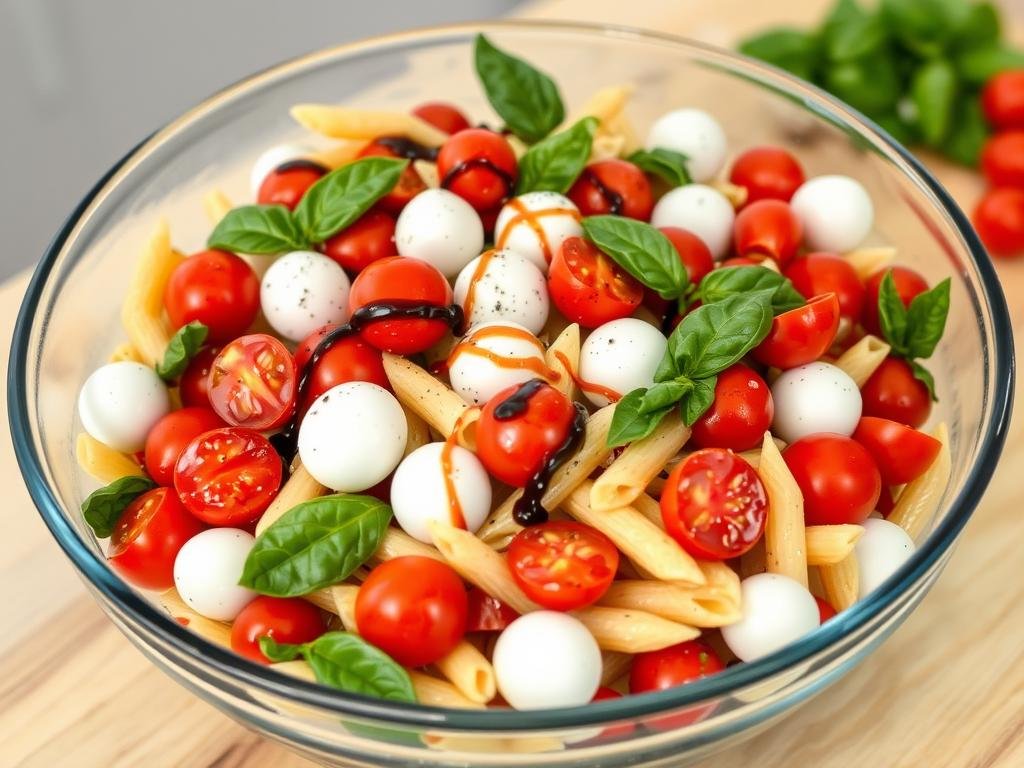 Caprese pasta salad with fresh mozzarella, tomatoes, and basil