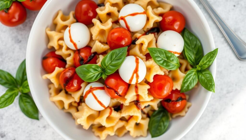 Caprese pasta salad with fresh mozzarella, tomatoes and basil