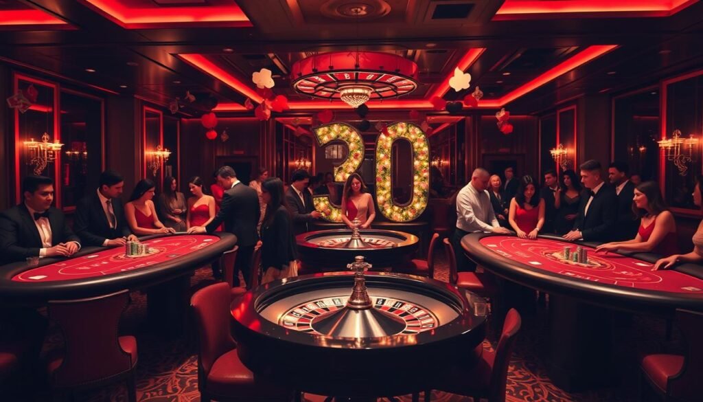 Casino night 30th birthday party with poker tables, roulette wheel, playing card decorations, and guests in formal attire Casino night 30th birthday party with poker tables, roulette wheel, playing card decorations, and guests in formal attire
