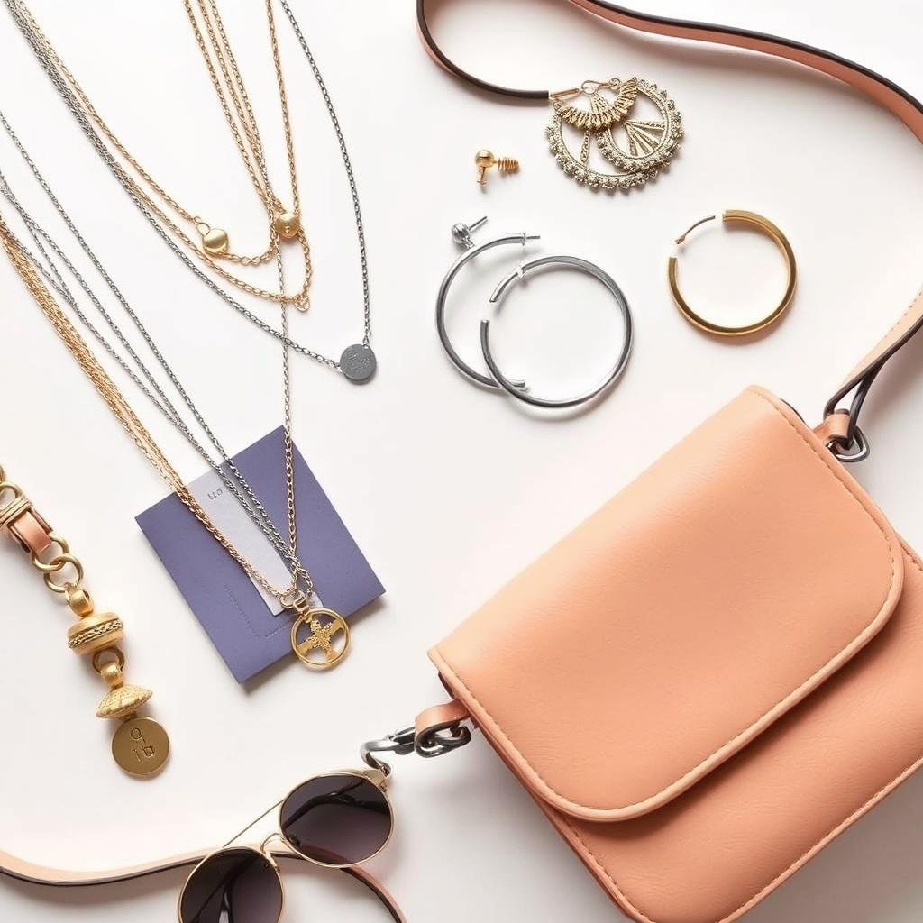 Casual accessories including layered jewelry and a crossbody bag Casual accessories including layered jewelry and a crossbody bag