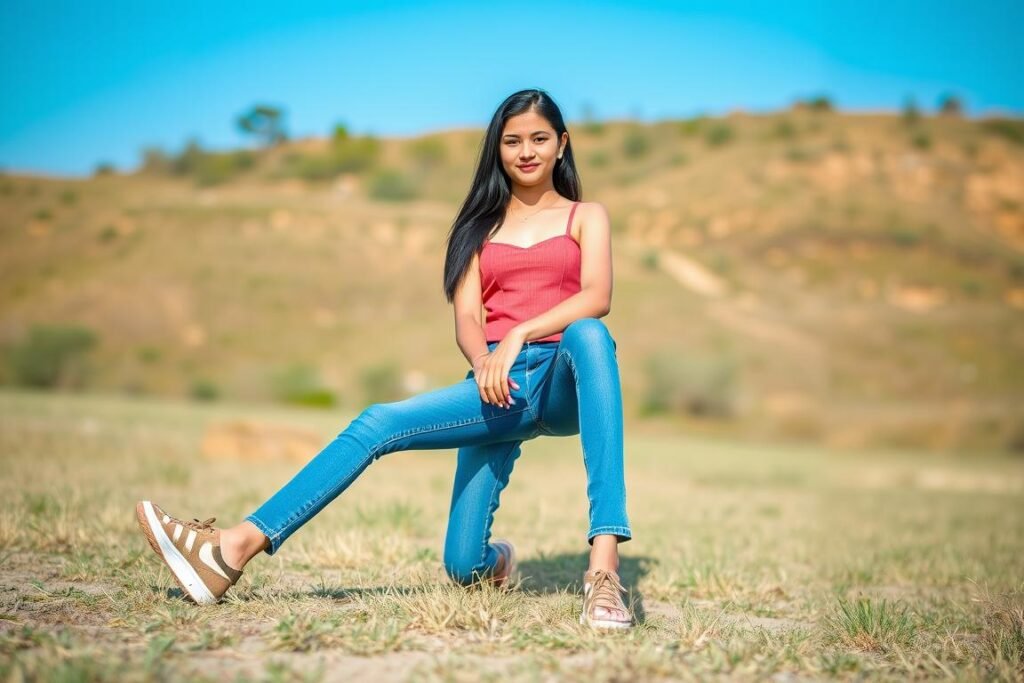 Casual outfit for 19th birthday photoshoot with jeans and a cute top