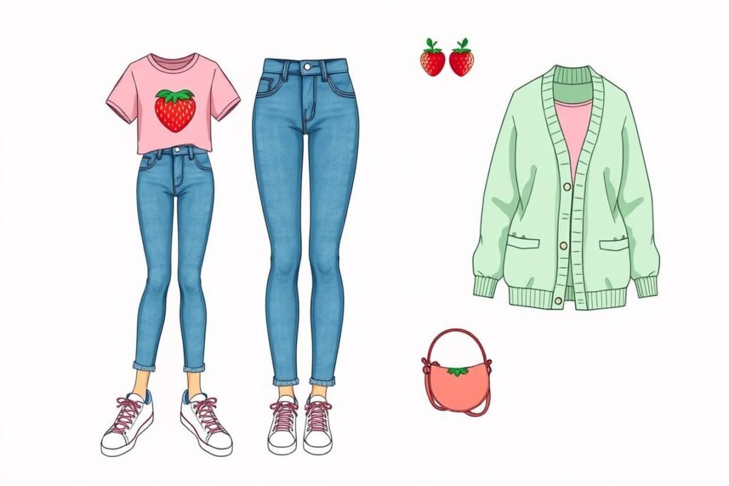 Casual strawberry shortcake aesthetic outfit with jeans and strawberry t-shirt