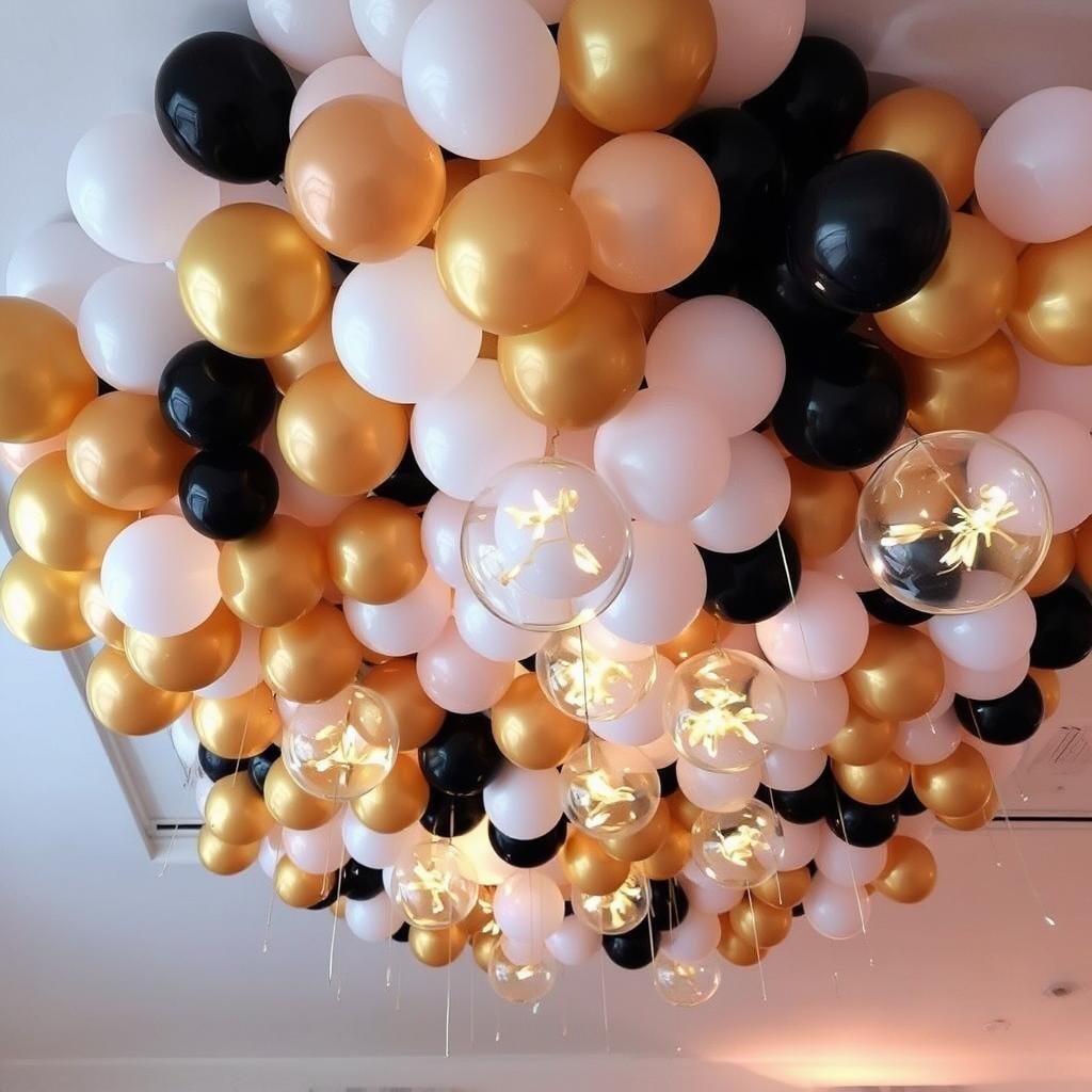 Ceiling balloon installation with hanging clusters and fairy lights Ceiling balloon installation with hanging clusters and fairy lights