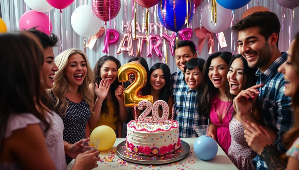 Celebratory 20th birthday scene with cake, decorations and friends
