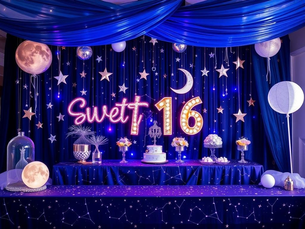 Celestial sweet 16 decorations with stars, moons, and cosmic elements in deep blue and silver Celestial sweet 16 decorations with stars, moons, and cosmic elements in deep blue and silver