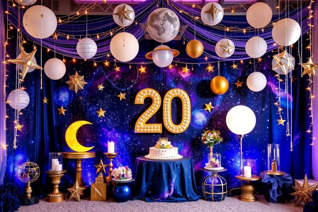Celestial themed 20th birthday with stars, moons, and galaxy decorations
