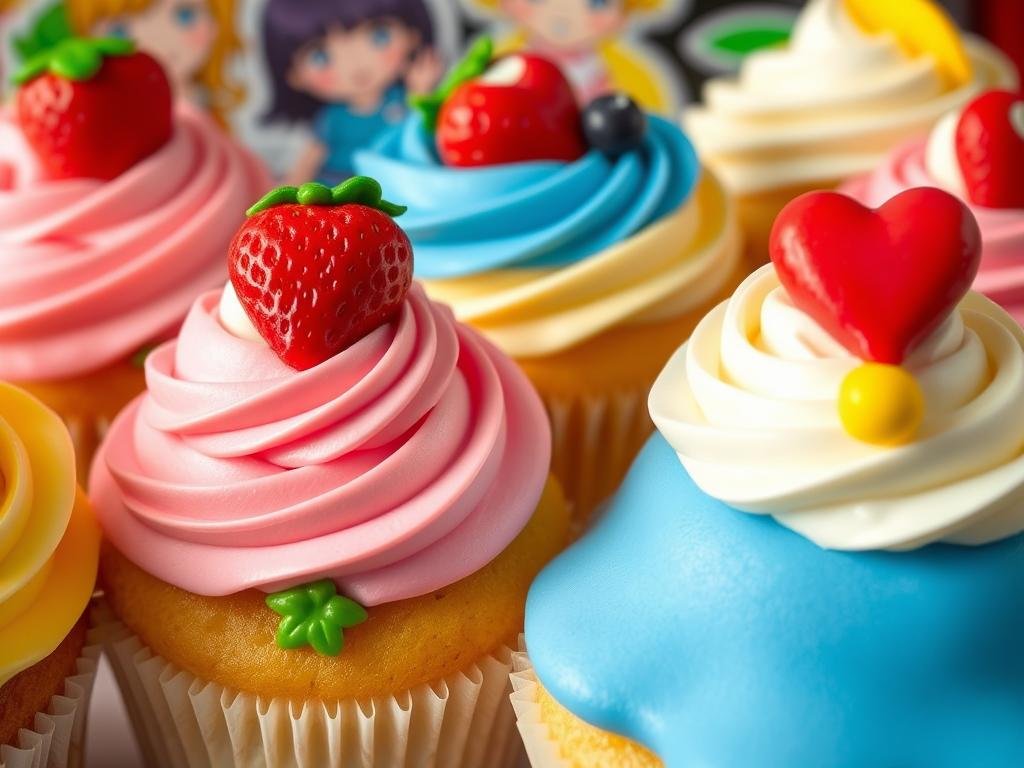 Character-inspired cupcakes decorated to look like Strawberry Shortcake and friends