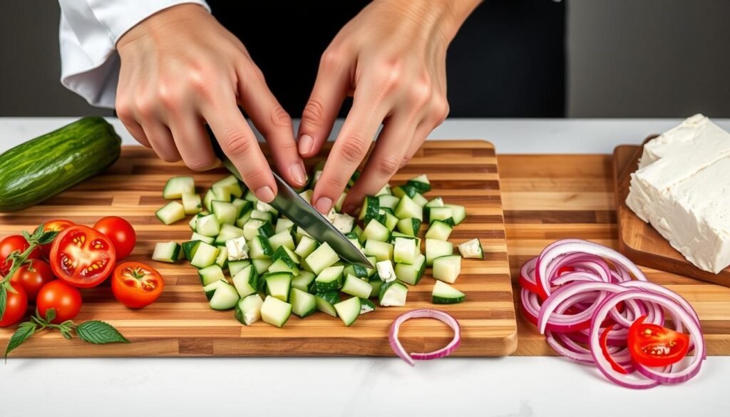 Chef demonstrating expert techniques for preparing Greek cucumber salad